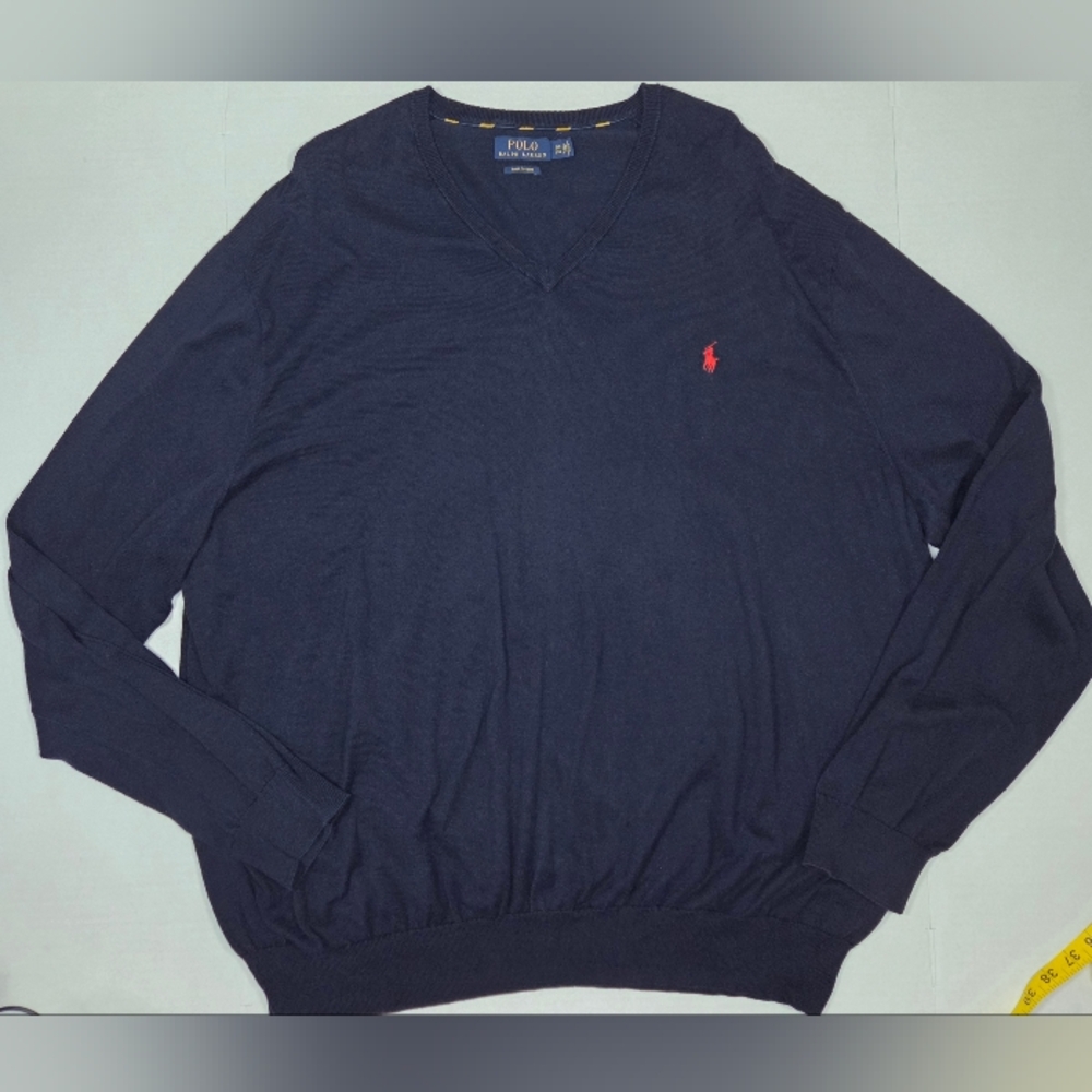 Polo Ralph Lauren Mens V Neck Sweater Size 5XB Navy Blue Pony Logo Cotton